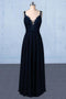 Dark Navy Blue Straps Floor Length Evening Dresses, Long Chiffon Prom Dress with Lace UQ2292