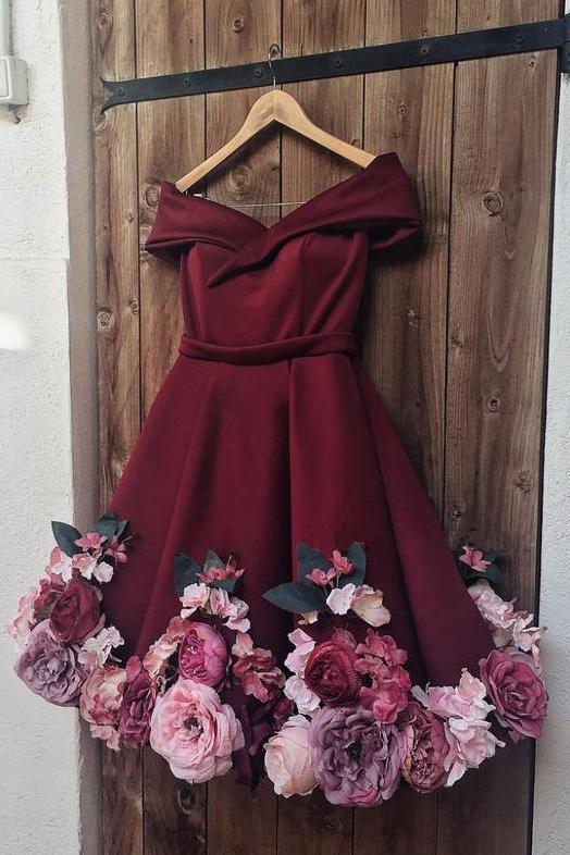 A-Line Off-the-shoulder Burgundy Juniors Short Homecoming Dress with Flowers N1844