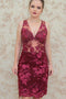 Sheath V Neck Sleeveless Short Homecoming Dresses, Dark Red Lace Short Prom Dress UQ1801