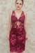 Sheath V Neck Sleeveless Short Homecoming Dresses, Dark Red Lace Short Prom Dress UQ1801