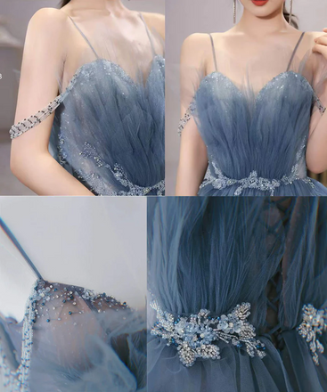Shiny Tulle A-Line Spaghetti Straps Blue Prom Dresses Party Gowns Evening Dress CHP0062