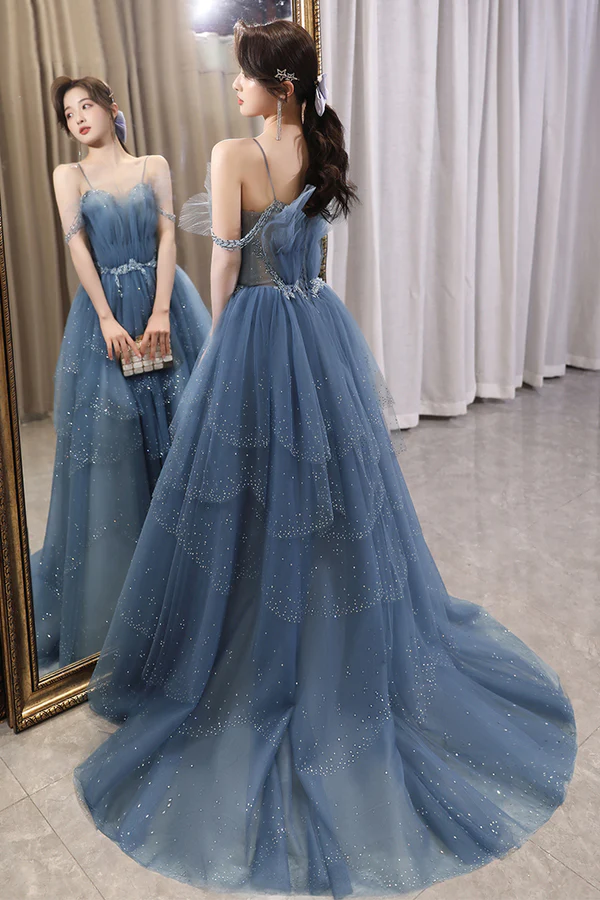 Shiny Tulle A-Line Spaghetti Straps Blue Prom Dresses Party Gowns Evening Dress CHP0062