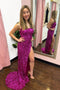 Glitter Purple Sequins Mermaid Spaghetti Straps Long Prom Dresses, Formal Dresses With Slit CHP0105