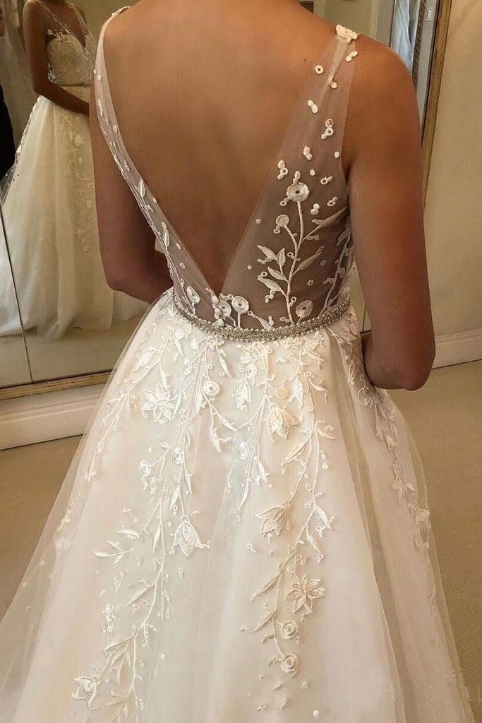 Romantic V Neck Beach Wedding Dress with Lace Appliques, A Line Bridal Dresses UQ1722
