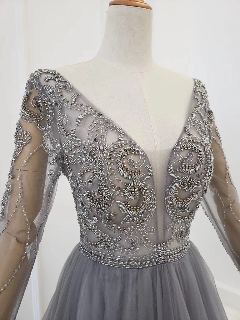 A Line V Neck Long Sleeves Tulle Gray Prom Dress with Beading, Cheap Party Dresses UQ2578