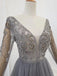 A Line V Neck Long Sleeves Tulle Gray Prom Dress with Beading, Cheap Party Dresses UQ2578