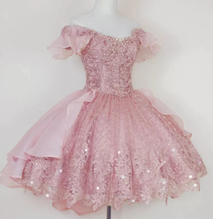 Vintage Classic Lolita Jumper Dress,Off-the-Shoulder Blue Lace Applique Short Homecoming Dress chh0090