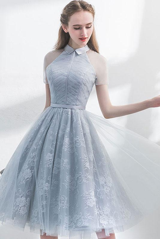 A Line Short Sleeves Tulle Homecoming Dress with Lace, Cute Short Prom cherishgirls A Line Short Sleeves Tulle Homecoming Dress with Lace, Cute Short Prom cherishgirls