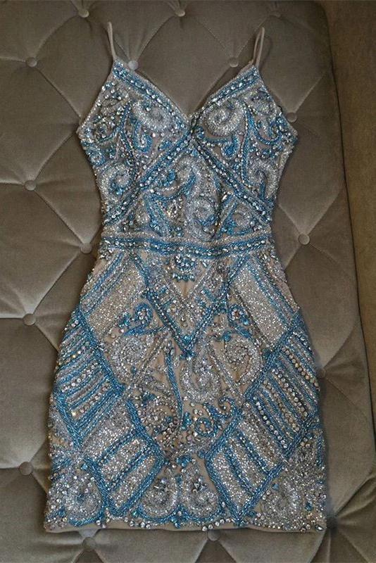 Gorgeous Sparkly V Neck Crystal Beaded Sheath Short Homecoming Dresses UQ1936