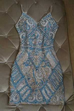 Gorgeous Sparkly V Neck Crystal Beaded Sheath Short Homecoming Dresses UQ1936