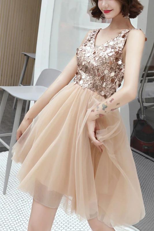 Champagne Sparkly V Neck Short Tulle Homecoming Dress, Shiny Above Knee Graduation Dress UQ2140 cherishgirls Champagne Sparkly V Neck Short Tulle Homecoming Dress, Shiny Above Knee Graduation Dress UQ2140 cherishgirls