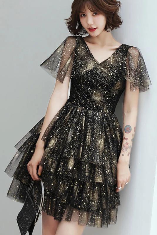 Black V Neck Tulle Short Prom Dress, Shiny Black Homecoming Dress with cherishgirls Black V Neck Tulle Short Prom Dress, Shiny Black Homecoming Dress with cherishgirls