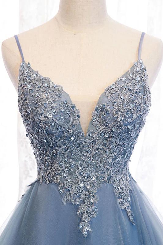 Blue High Low Spaghetti Straps Tulle Homecoming Dresses with Appliques, Party Dress UQ2143