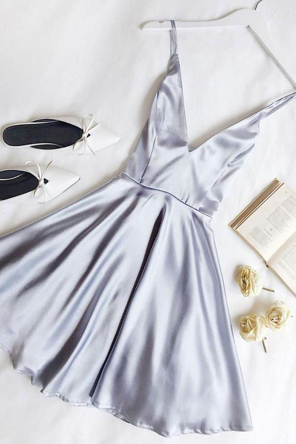 Simple Lavender Short Homecoming Dresses, Cheap V Neck Ruched Graduation Dress UQ1839