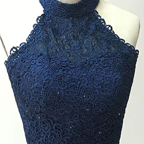 Two Piece Navy Blue High Neck Homecoming Dress with Lace, A Line Satin cherishgirls Two Piece Navy Blue High Neck Homecoming Dress with Lace, A Line Satin cherishgirls