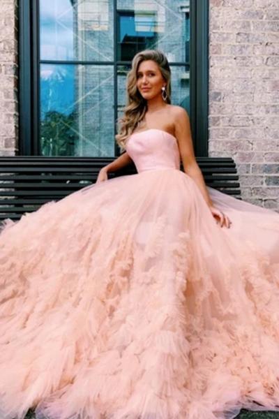 Red Strapless Cheap Tulle Prom Dress, A Line Long Prom Dress With Train UQ2440