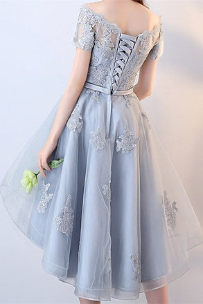 A Line Off the Shoulder Applique High Low Tulle Homecoming Dress, Graduation Dress UQ1949