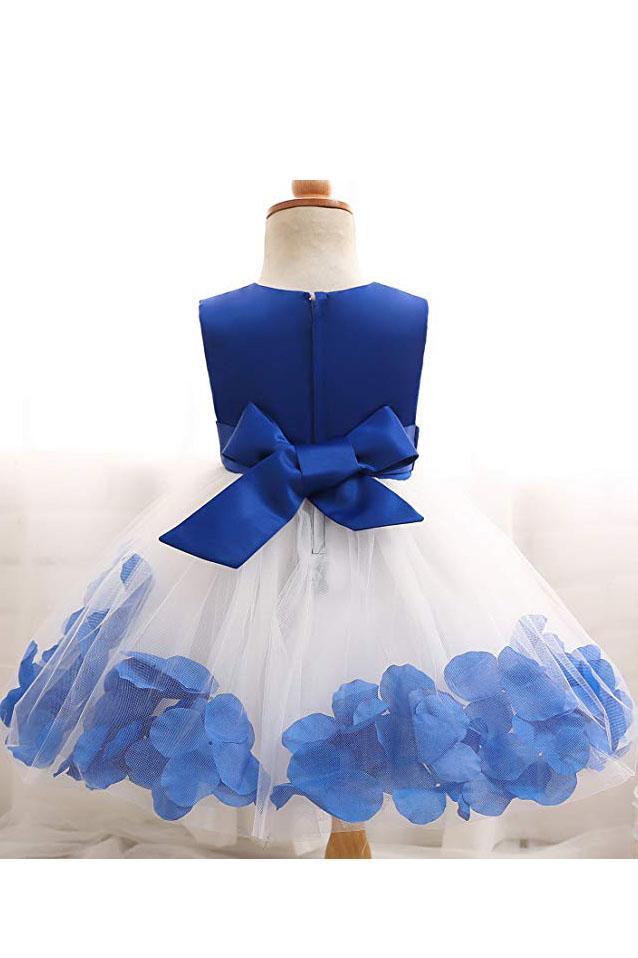 White and Blue Ball Gown Sleeveless Long Flower Girl Dress with Blue Flowers Sash UF065