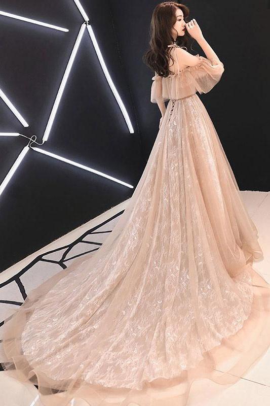 Charming Straps Flowy Tulle Lace Prom Dress with Train, A Line Evening Dress with Ruffles UQ2104 Charming Straps Flowy Tulle Lace Prom Dress with Train, A Line Evening Dress with Ruffles UQ2104