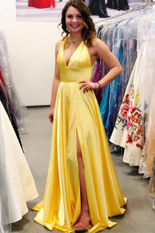 Yellow Deep V Neck Sleeveless Split Sweep Train Prom Dress, Long Formal Dress with Slit UQ1710 Yellow Deep V Neck Sleeveless Split Sweep Train Prom Dress, Long Formal Dress with Slit UQ1710