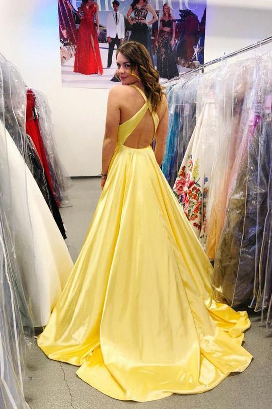 Yellow Deep V Neck Sleeveless Split Sweep Train Prom Dress, Long Formal Dress with Slit UQ1710