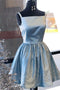 Shiny Blue Satin Beading Square Neck Sleeveless Homecoming Dress, Knee Length Prom Dress UQ1825