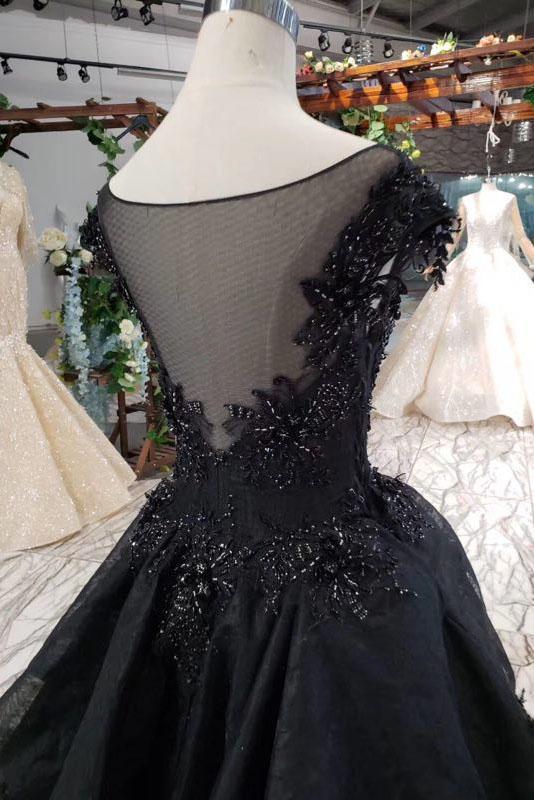 Puffy Cap Sleeves Black Long Prom Dress with Appliques, Charming Beading Formal Dress UQ2053