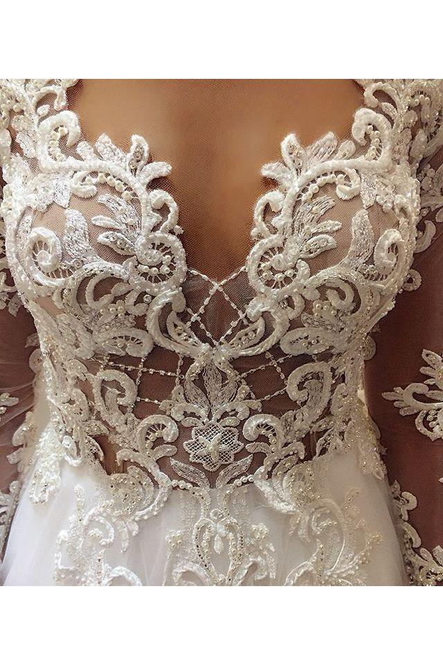 Elegant Beading Lace Long Sleeve Sheer Neck Ball Gown Wedding Dresses UQ1796