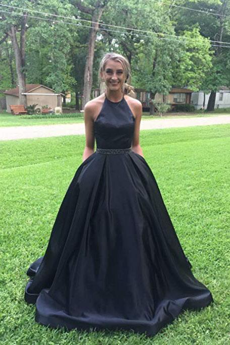Black Halter Satin Prom Dress with Beading, Long Evening Dress with Pockets UQ2070 Black Halter Satin Prom Dress with Beading, Long Evening Dress with Pockets UQ2070