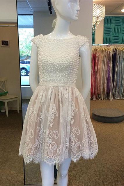 A Line Cap Sleeves Lace Homecoming Dress with Pearls, Short Lace Graduation Dress UQ2149
