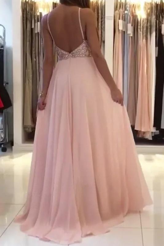 Blush Pink Chiffon Prom Dress with Beading Rhinstone, Flowy Backless G cherishgirls Blush Pink Chiffon Prom Dress with Beading Rhinstone, Flowy Backless G cherishgirls