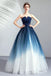 Ombre Strapless A Line Long Prom Dress, Blue Ombre Graduation Dress with Lace Up Back UQ1700