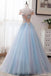 Light Blue Off Shoulder Floor Length Tulle Prom Gown with Appliques, Puffy Long Evening Dress UQ2396