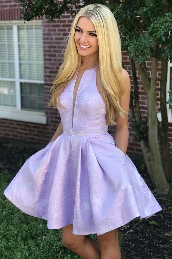 Lilac Jacquard Floral Homecoming Dresses with Pocket Halter Short Graduation Dress N2179