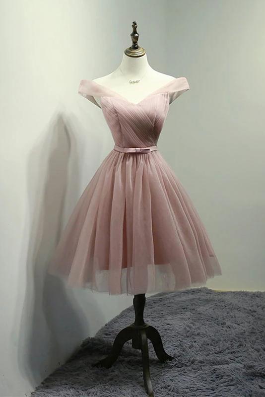 Dusty Pink Off the Shoulder Tulle Homecoming Dress,  A Line Tulle Graduation Dresses N2129