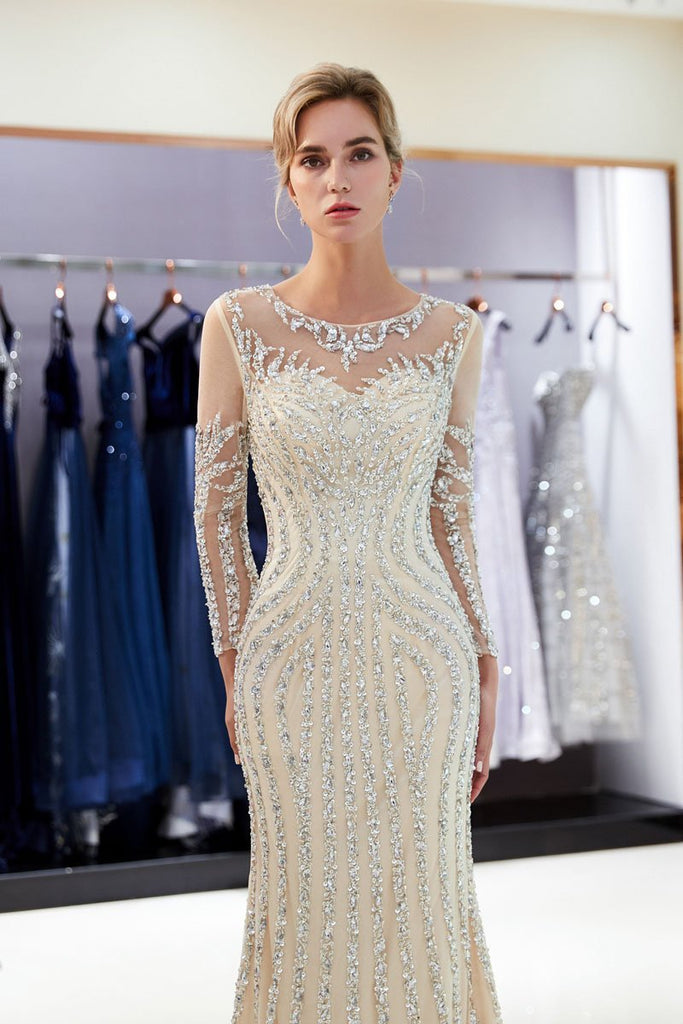 Beaded Evening Dresses Luxury Mermaid Crystal Sweep Train Long Sleeves Prom Dress UQ2280