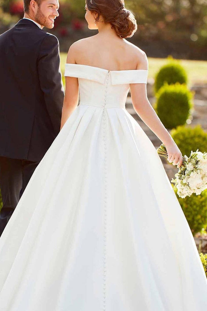 Simple A-Line Off the Shoulder Button Covered Long Wedding Dress, Cheap Bridal Dress UQ1768