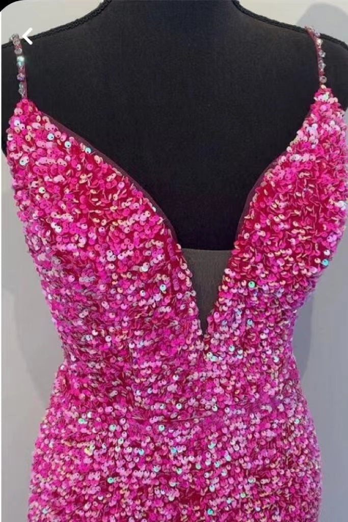 Shiny Hot Pink Sequins Mermaid Spaghetti Straps Prom Dress, Formal Gown CHP0209