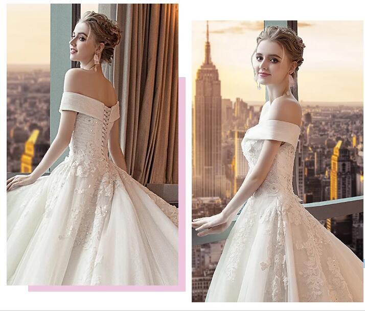 Gorgeous Off the Shoulder Lace Long Train Wedding Dresses, Princess Bridal Dresses UQ2581