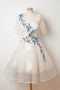 Ivory Half Sleeves A Line Homecoming Dress with Blue Appliques, Knee Length Prom Dress UQ2176