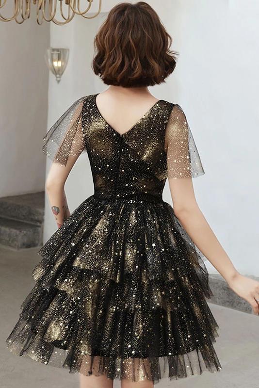 Black V Neck Tulle Short Prom Dress, Shiny Black Homecoming Dress with Sleeves UQ2144