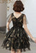 Black V Neck Tulle Short Prom Dress, Shiny Black Homecoming Dress with Sleeves UQ2144