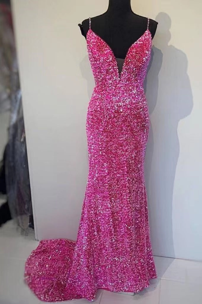 Shiny Hot Pink Sequins Mermaid Spaghetti Straps Prom Dress, Formal Gown CHP0209