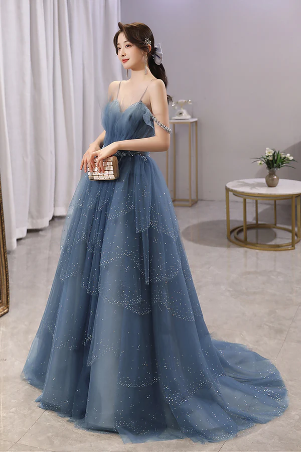 Shiny Tulle A-Line Spaghetti Straps Blue Prom Dresses Party Gowns Evening Dress CHP0062