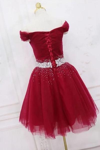 Burgundy Off the Shoulder Tulle Homecoming Dress, A Line Graduation Dress with Beads UQ1956