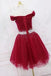Burgundy Off the Shoulder Tulle Homecoming Dress, A Line Graduation Dress with Beads UQ1956