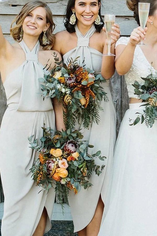 tea length halter bridesmaid dresses A-line Halter Pleated Chiffon Sleeveless Tea Length Bridesmaid Dresses US18 / As Picture
