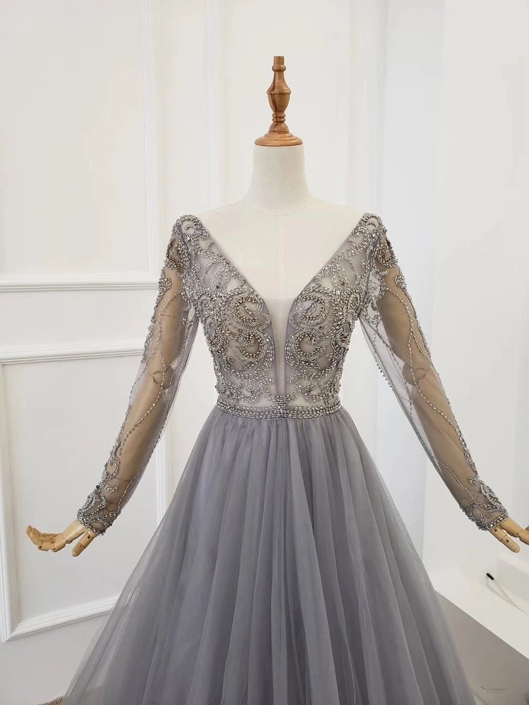 A Line V Neck Long Sleeves Tulle Gray Prom Dress with Beading, Cheap Party Dresses UQ2578