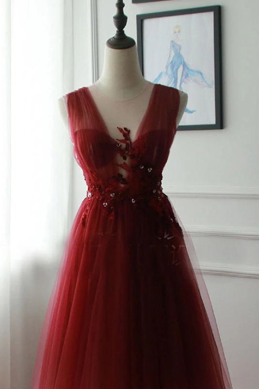 A Line V Neck Tulle Ombre Prom Dress, Cheap Appliqued Party Dresses UQ2447
