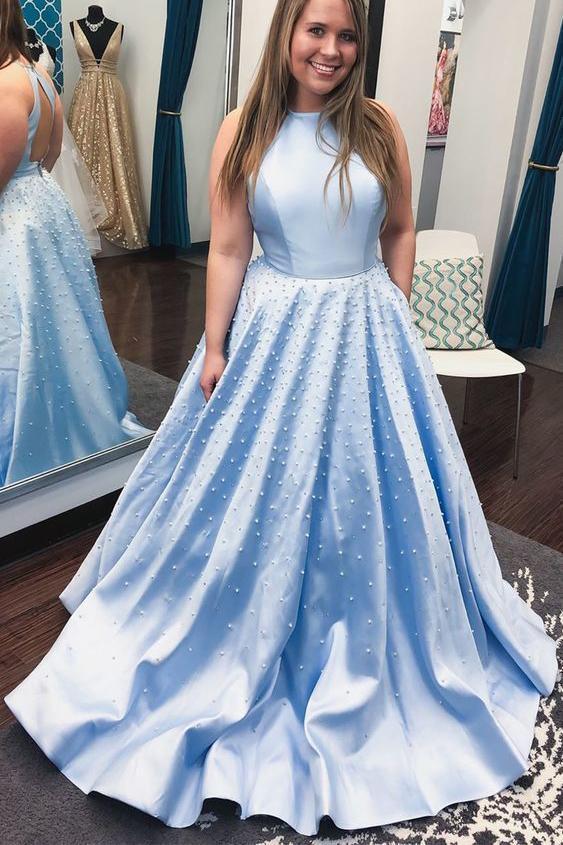 Light Blue Jewel Open Back Long Prom Dress with Pearls, A Line Sleeveless Formal Dress N2576